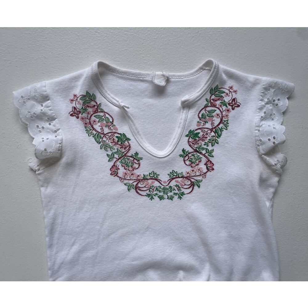Vtg 70’s White Floral Cropped Ruffle Lace Crop Top Sz L Cotton Retro Boho Hippie - Picture 2 of 11